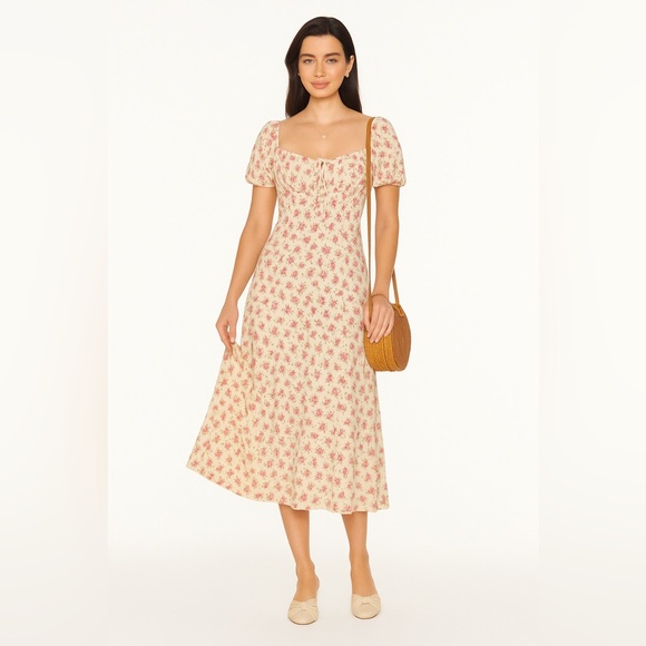 Moon River Pink Floral Midi Dress puff sleeve - Picture 6 of 15